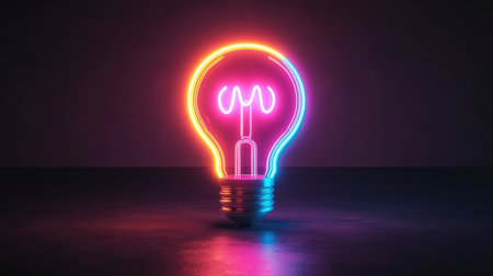 A glowing neon light in the shape of a lightbulb, symbolizing a bright idea, set against a dark background with space for copyの素材