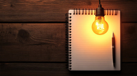 A glowing abstract light above a notepad with a pen, symbolizing creativity and new business ideas with plenty of space for textの素材