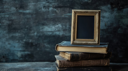 A nostalgic photo frame resting on a stack of old books, with space to add a cherished photograph, evoking memories of the pastの素材