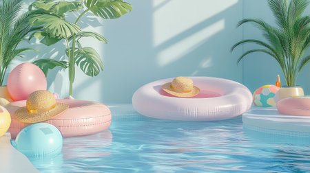 A refreshing poolside scene with floating inflatables and a sunhat resting on the side, offering space to add fond memories of summer relaxationの素材
