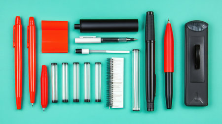 A minimalist flat lay of office tools, including pens, paper, and a laptop, symbolizing productivity and idea creation, with space for textの素材