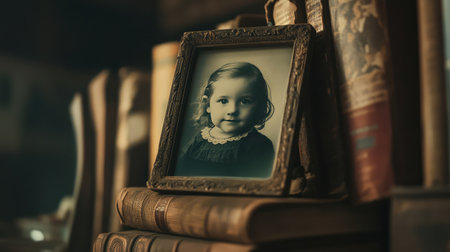 A nostalgic photo frame resting on a stack of old books, with space to add a cherished photograph, evoking memories of the pastの素材