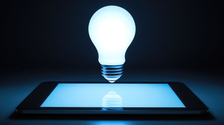 A glowing lightbulb over a digital tablet with empty screens, symbolizing the birth of innovative ideas, with room for copyの素材
