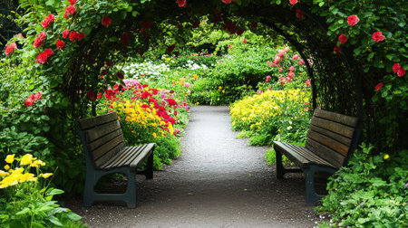A peaceful garden setting with blooming flowers and a shaded bench, perfect for recalling quiet summer afternoons, with space for personal memoriesの素材