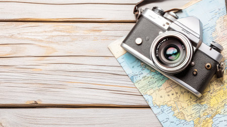A rustic wooden table with an old camera, a vintage map, and an empty space for memories, inviting reflection on past adventuresの素材