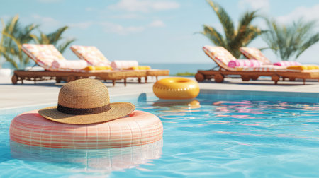 A refreshing poolside scene with floating inflatables and a sunhat resting on the side, offering space to add fond memories of summer relaxationの素材