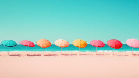 A row of brightly colored beach umbrellas lined up on a sunny beach, with clear sky and waves in the background, creating a perfect space for summer memoriesの素材