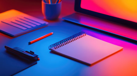 A minimalistic desk setup with a glowing digital screen, a notebook, and a pencil, representing the process of generating futuristic ideas, with room for copyの素材