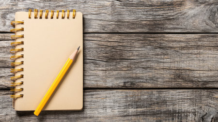 A single pencil next to an open notebook on a soft wooden surface, symbolizing the process of writing down new ideas, with space for textの素材