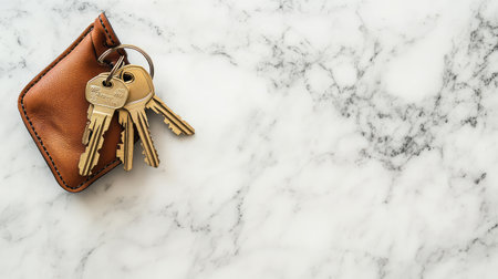 A set of golden keys and leather key holder on marble countertop, elegant entryway detail with copy space.の素材