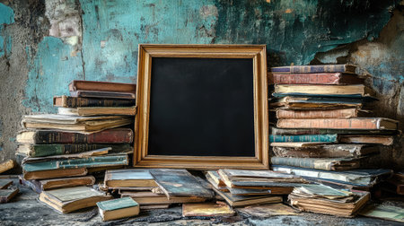 A simple, empty photo frame surrounded by old books and mementos, creating an atmosphere of nostalgia and longing for past memoriesの素材