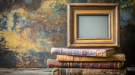 A nostalgic photo frame resting on a stack of old books, with space to add a cherished photograph, evoking memories of the pastの素材