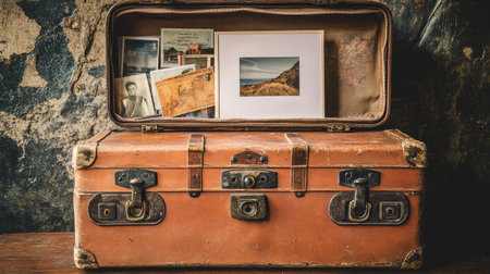 A vintage suitcase with old postcards and a blank photograph frame resting atop, symbolizing memories of travel with space for personal photosの素材