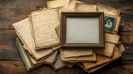 A stack of old letters and postcards with an empty photo frame, inviting you to add your own cherished memories to the collectionの素材