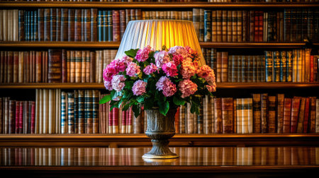 A soft-lit room with an old bookshelf filled with nostalgic books and mementos, and an empty space for a cherished family photoの素材