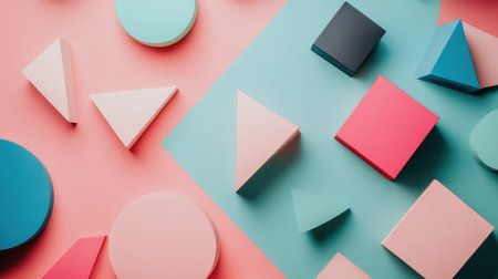 A smooth, blank surface with scattered colorful geometric shapes, symbolizing fresh ideas and endless possibilities, with room for textの素材