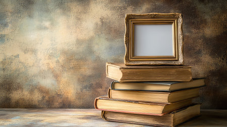 A stack of vintage books with an empty photo frame on top, offering space for a cherished memory, symbolizing the passage of timeの素材