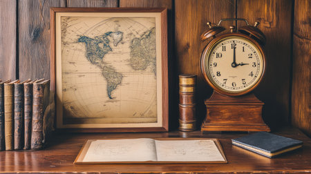 A soft-lit desk with an antique clock, old mementos, and an empty space for a cherished photo, offering a sense of nostalgiaの素材