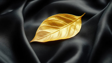 A single gold leaf resting on black velvet fabric, sharp detail with soft background. Copy space on the sides.の素材