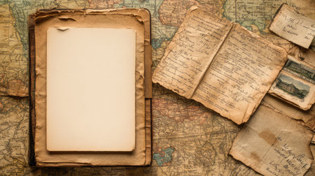 A vintage map and old letters with a blank space for a personal photograph, inviting the creation of new memories to be preservedの素材