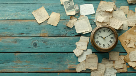 A vintage clock resting on a wooden desk with scattered old letters, and an empty space for a photograph, symbolizing the passage of time and missing momentsの素材