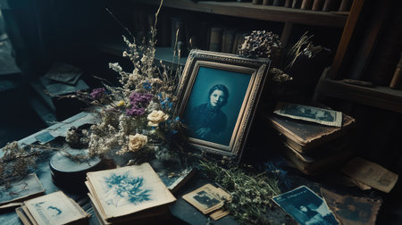 A timeworn photo frame with a space for a personal picture, surrounded by sentimental items like dried flowers and old postcardsの素材