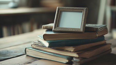 A stack of vintage books with an empty photo frame on top, offering space for a cherished memory, symbolizing the passage of timeの素材