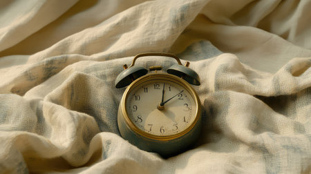 A vintage clock resting on a soft fabric with a blank space for a photo, evoking a sense of time passing and the feeling of missing something preciousの素材