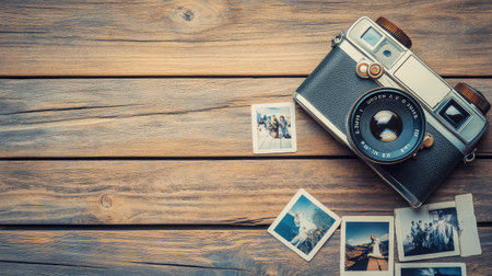 A vintage film camera on a wooden desk with old photographs scattered around, symbolizing memories of captured moments with space for textの素材