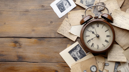A vintage clock resting on a wooden desk with scattered old letters, and an empty space for a photograph, symbolizing the passage of time and missing momentsの素材