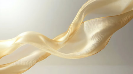 Background of golden flowing ribbon twisting in air against soft white light. Dynamic elegance with space for text.の素材