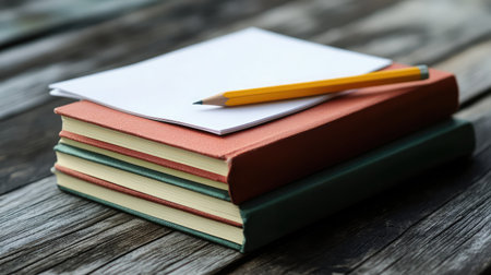 A stack of blank notebooks and a pencil, symbolizing the process of writing down new ideas, with plenty of space for textの素材