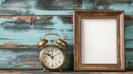 A vintage clock with an empty photo frame beside it, creating a nostalgic and longing atmosphere, with space to add a cherished memory or photoの素材