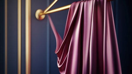 Close-up of elegant silk dress draped over a golden hanger on a luxury wardrobe rail. Fashion lifestyle with blank area for text.の素材