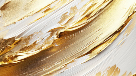 Close-up of golden paint strokes on a textured white background. Artistic metallic elements with open copy area.の素材