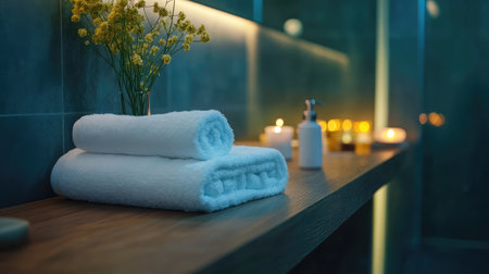 Close-up of fresh white towels and amenities on wooden shelf in a luxury hotel spa room. Detail scene with copy space.の素材