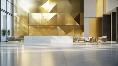 Bright gold and marble interior wall panels in luxury lounge area, geometrical design with clean layout.の素材