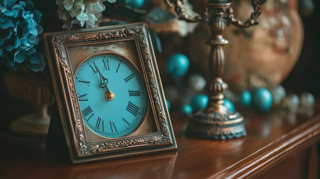A vintage clock with an empty photo frame beside it, creating a nostalgic and longing atmosphere, with space to add a cherished memory or photoの素材