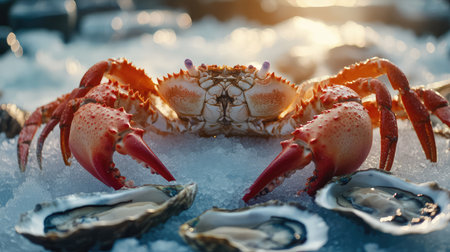Close-up of a gourmet seafood platter with oysters, king crab, and caviar on crushed ice. Cold luxury food display with space.の素材