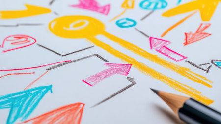 Close-up of a hand-drawn mind map in pencil, with colorful arrows and symbols on a blank page, symbolizing creative thinking and potentialの素材