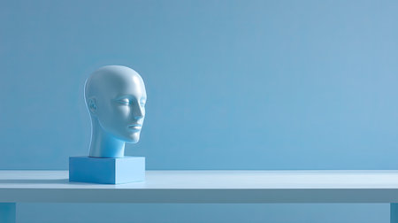 A minimalistic display of a blue mannequin head placed on a simple white table against a light blue background, capturing an aesthetic of calm and creativity.の素材