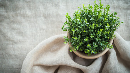 Top view of green plant in pot on neutral fabric with copy space for editorial or branding useの素材