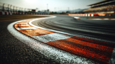 Captivating close-up of a curved racing track at sunset, showcasing vibrant tire marks and lush grass, embodying the thrill of competitive motorsport action.の素材