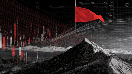 This captivating abstract image shows a red flag on a mountain peak surrounded by dynamic data visualization, representing modern achievement and high aspirations.の素材