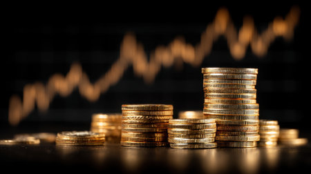 A striking image of gold coins stacked prominently, representing financial growth and wealth, set against an abstract background with a rising trend graph.の素材