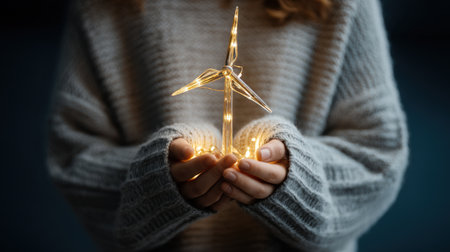 A person wearing a knitted sweater gently cradles a luminous miniature wind turbine, representing a commitment to renewable energy and a sustainable future.の素材