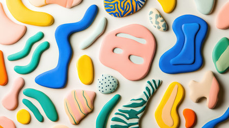 Abstract shapes and patterns made from colorful clay pieces on a light surface, symbolizing creativity and fresh ideas with open space for copyの素材