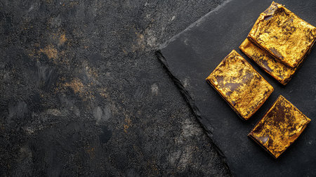 Artistic arrangement of gold-dusted chocolates on a dark stone tray. Premium dessert concept with copy space.の素材