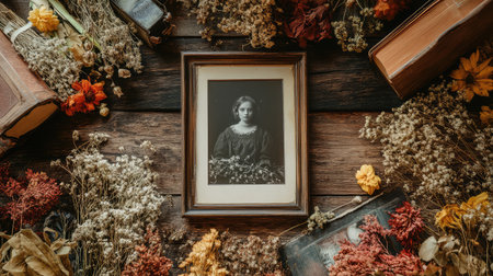An old photograph in a frame with a blank space for a cherished memory, surrounded by dried flowers and vintage items, symbolizing nostalgia and longingの素材