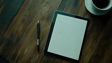 A flat lay of a notepad, pen, and digital tablet on a simple desk, representing a clean workspace for brainstorming business ideas, with space for copyの素材